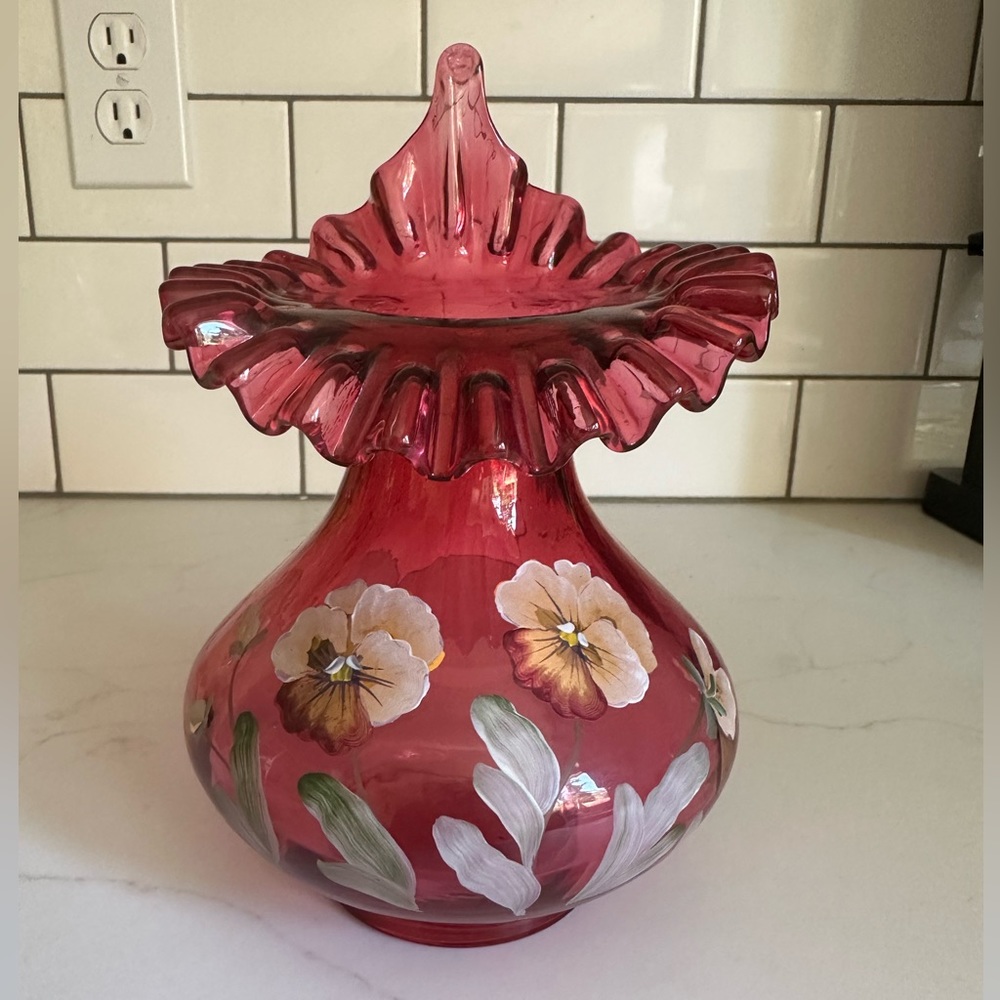 Fenton Cranberry Glass Vase, hand painted